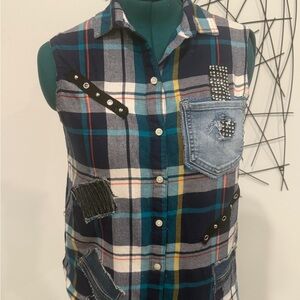Sold Custom Plaid Sleeveless Kids Shirt with Denim Accents